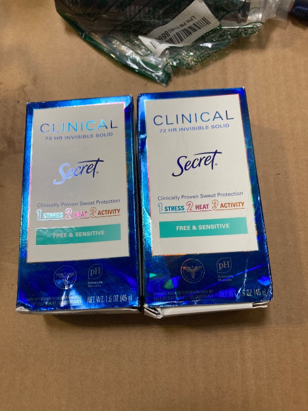 Photo 1 of Secret Clinical Strength Antiperspirant Deodorant for Women, Free & Sensitive, 3X Stress Protection, 72hr Sweat & Odor Protection, PH Balancing Minerals, Invisible Solid, Unscented, 1.6 oz (Pack of 2)