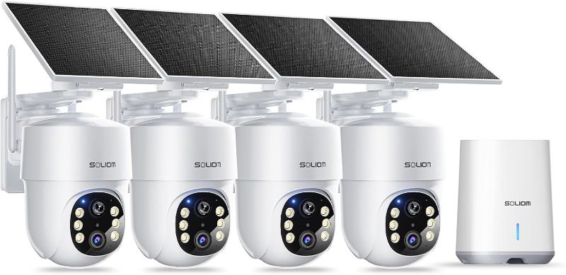 Photo 1 of SOLIOM- 5MP Security Cameras Wireless Outdoor, No Subscription,4-Cam Pack, Solar Powered Home Security Camera with 360° Auto Tracking, Pan & Tilt, 3K Color Night Vision,5G & 2.4G Router Compatible
