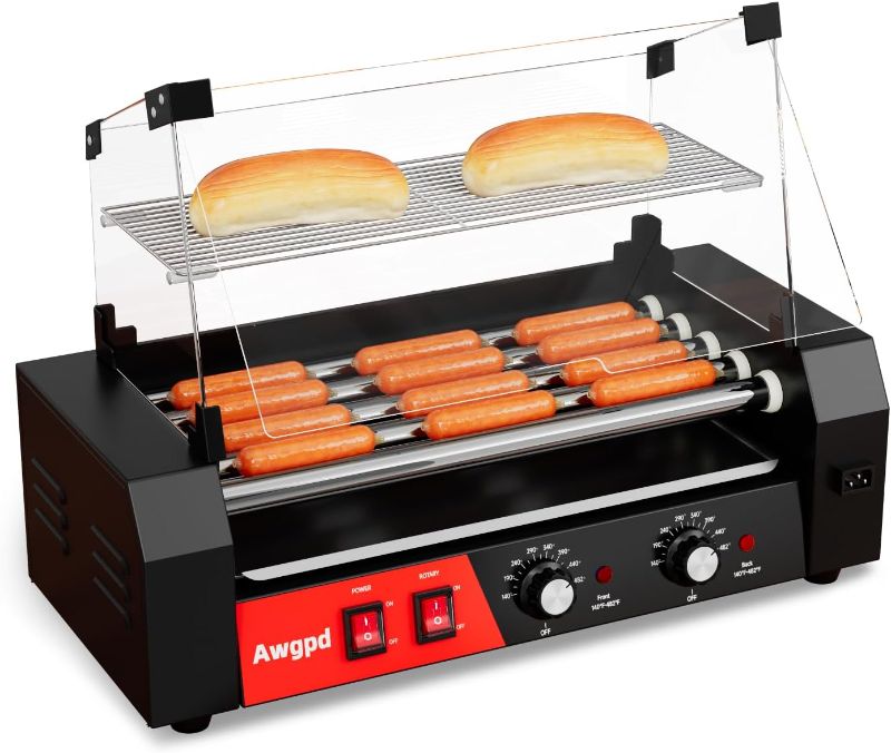 Photo 1 of Hot Dog Roller 5 Rollers 12 Hot Dogs Capacity, 750W Stainless Sausage Grill Cooker Machine with Dual Temp Control Glass Hood Acrylic Cover Bun Warmer Shelf Removable Oil Drip Tray (5 Rollers)
