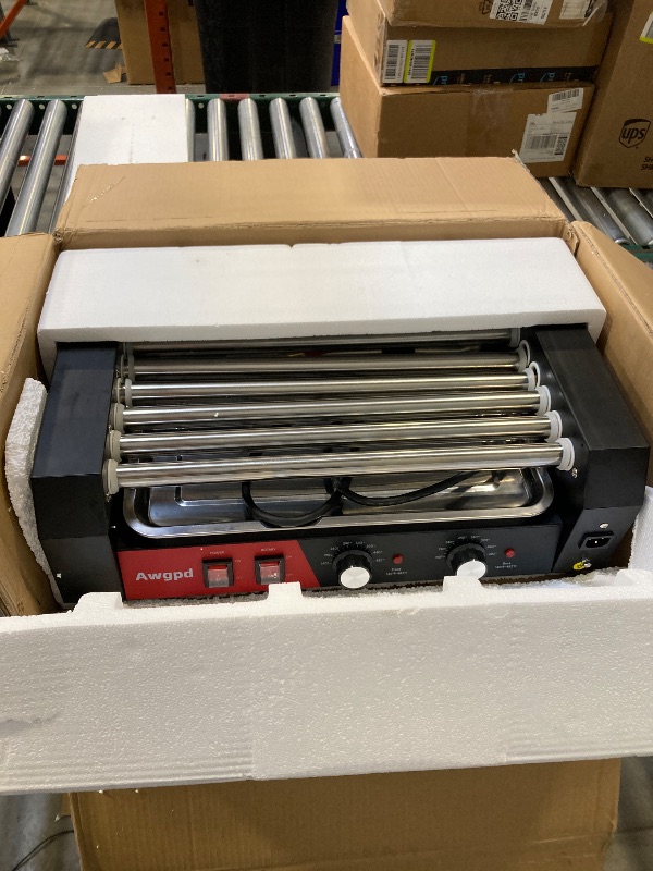 Photo 1 of Hot Dog Roller 5 Rollers 12 Hot Dogs Capacity, 750W Stainless Sausage Grill Cooker Machine with Dual Temp Control Glass Hood Acrylic Cover Bun Warmer Shelf Removable Oil Drip Tray (5 Rollers)
