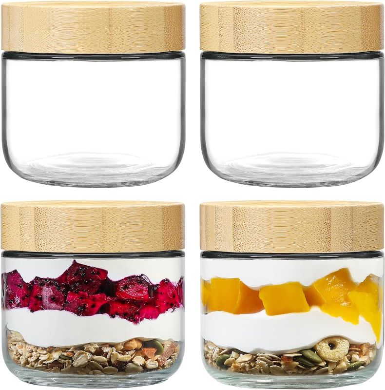 Photo 1 of 4-pack 8oz Glass jars with Airtight Lids, Overnight Oats Containers with Bamboo Lids, Wide mouth Mason Salad jars, Glass Food Storage Containers for Snacks Yogurt Spice Sugar