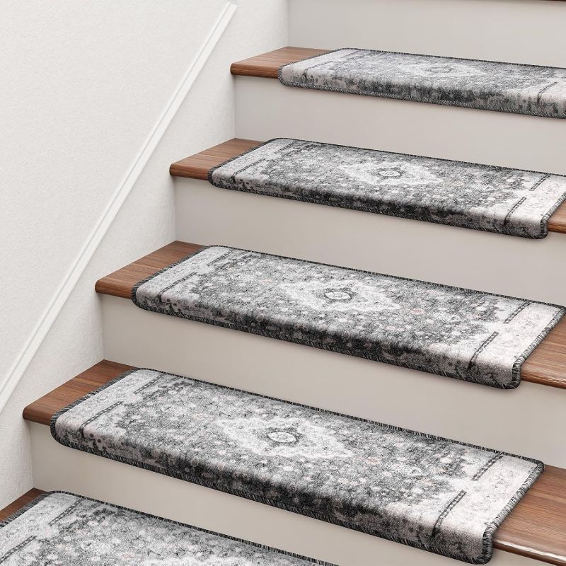 Photo 1 of Bullnose Stair Treads for Wooden Steps, Non Slip Stair Carpet for Indoor Runner and Pets, Soft Edging Staircase Protectors Reusable, Washable, 29.5"x9.5"x1.5" 14pcs, Grey
