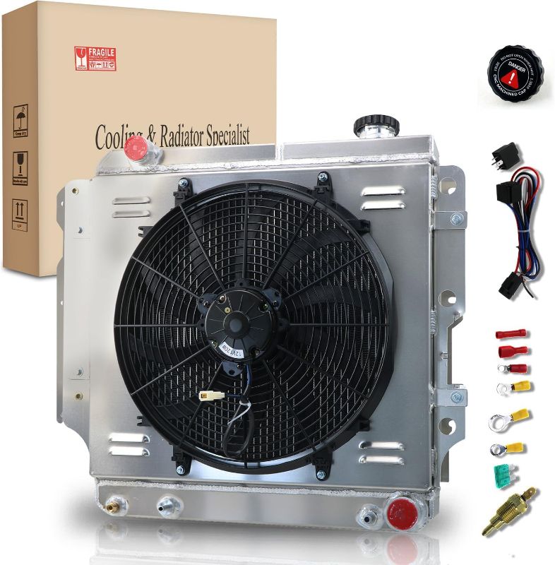 Photo 1 of 4 Row Core Aluminum Radiator for 1987-2006 Jeep Wrangler TJ YJ GM Chevy V8 Conversion All Aluminum Radiators + Shroud Fan + Relay 1988 1989 1990 1991 1992 93 94 95
