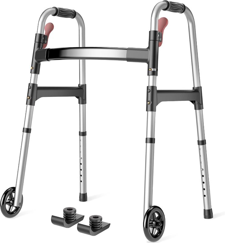 Photo 1 of Folding Walkers for Seniors with Wheels, Lightweight Rolling Walker, Height Adjustable Standard Walker with Aluminum Frame, Silver
