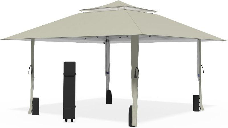 Photo 1 of Favofamilie?13x13 FT Pop Up Canopy, Instant Setup Gazebo with Wheeled Carry Bag, 4 Sandbags & 4 Ropes, UV-Resistant Top, Heavy Duty Outdoor Shelter for Backyard Camping Events, Khaki
