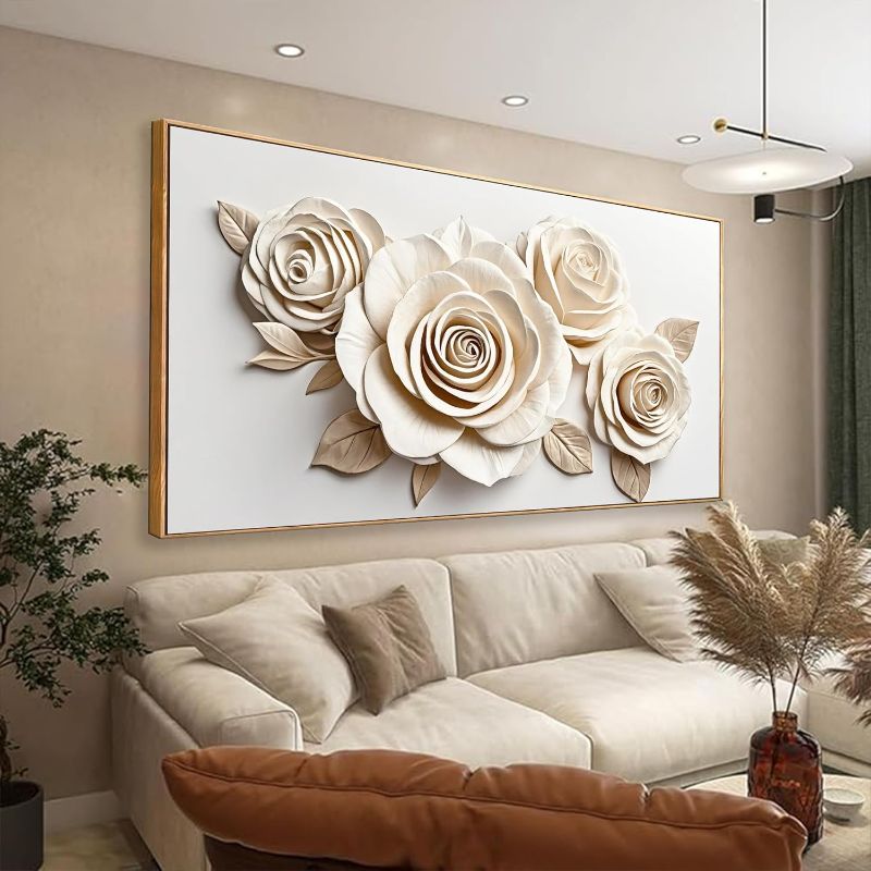 Photo 1 of Framed White Flower Wall Art Living Room Home Wall Decor Modern Canvas Art Wall Decor 29 x 58 Inches Large Flower Wall Art Elegant Picture For Bedroom Office Artwork

