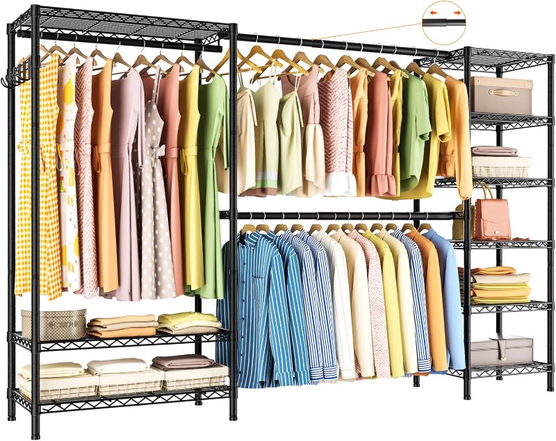 Photo 1 of Expandable Heavy Duty Garment Rack Clothes Rack,Large Metal Closet Organizer System Storage Wardrobe,Freestanding Clothing Rack with 9 Adjustable Wire Shelves&3 Hang Rods,MaxLoad 1500lbs
