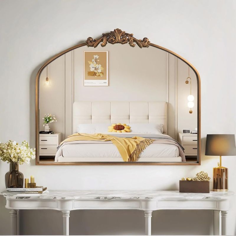Photo 1 of Gold Wall Mirror, Large Arched Vintage Baroque Ornate Mirrors, Traditional Decorative Antique Brass Mirror for Entryway Table, Living Room, Bedroom, Bathroom Vanity, Fireplace (30” x 36”)

