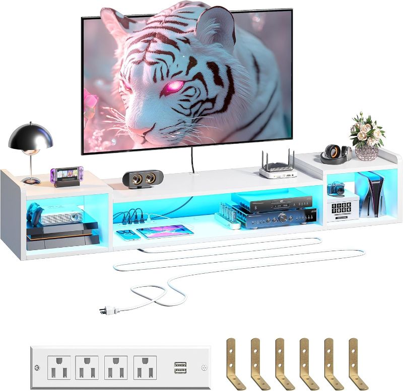 Photo 1 of 71" W Floating TV Stand with LED Lights & Power Outlets Wall Mounted Entertainment Center with Storage Long TV Stand for Bedroom, Wood Floating TV Shelf Under TV for Living Room, White 
