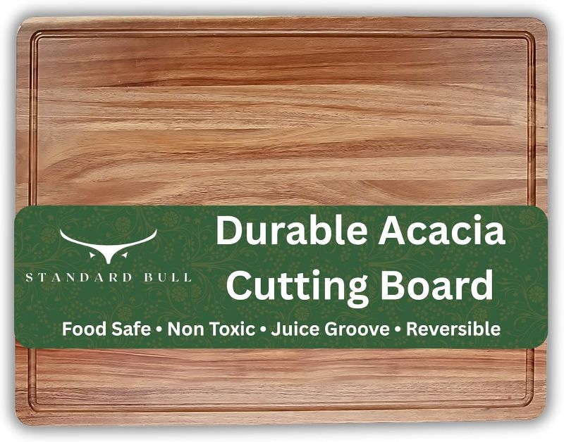 Photo 1 of Durable Non Toxic Acacia Wood Cutting Board – Premium Large & Reversible Cutting Boards for Kitchen - Mess-Free Cooking with Juice Groove
