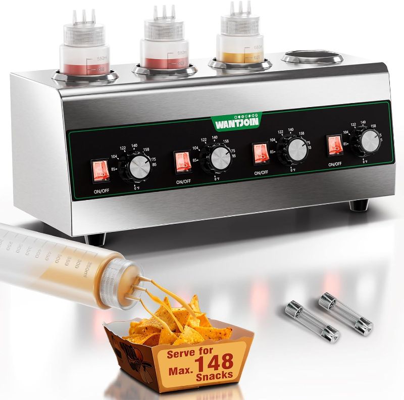Photo 1 of WantJoin Commercial Electric Sauce Warmer & Dispenser - 640W Stainless Steel Countertop Heat Preservation Machine for Hot Fudge, Nacho Cheese, Ketchup, Chocolate, Includes 4X 650ml Squeeze Bottles
