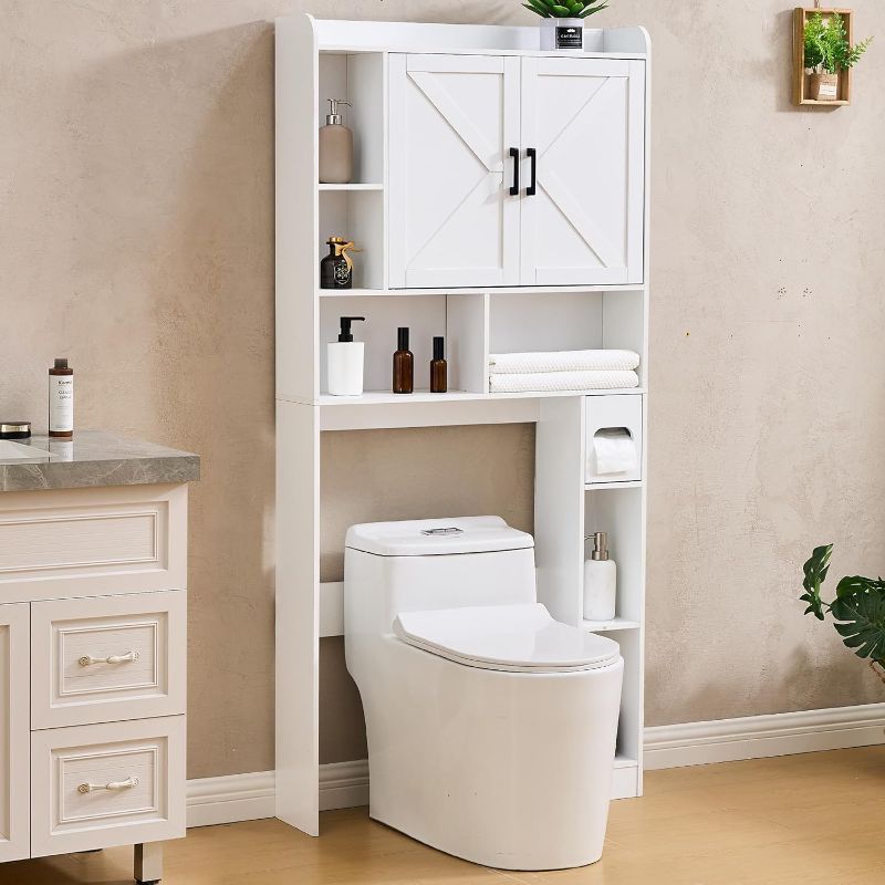 Photo 1 of Over The Toilet Storage Cabinet, 32 Inches Width Farmhouse Storage Cabinet Over Toilet with 2 Barn Door, Toilet Paper Holder Stand, Toilet Rack for Bathroom, Laundry, Restroom, White
