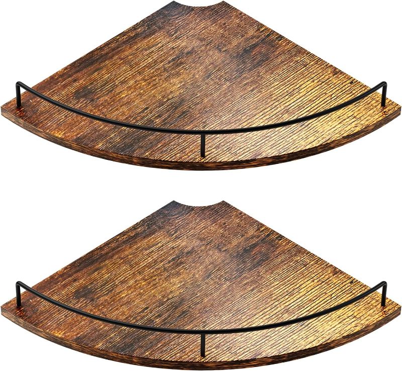 Photo 1 of Corner Floating Shelves, Rustic Brown Wood, Set of 2, Wall Mount Storage with Guardrail for Bathroom Kitchen Living Room

