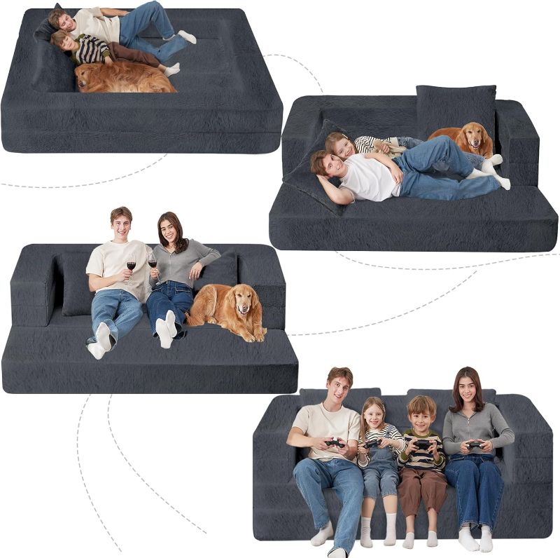 Photo 1 of Folding Bean Bag Chair for Adults,3-in-1 Bean Bag Couch Faux Fur Floor Sofa Large Beanbag Convertible Bean Bag Sofa Bed with Pillow in Bedroom,Living Room,Apartment(Queen,Dark Grey)
