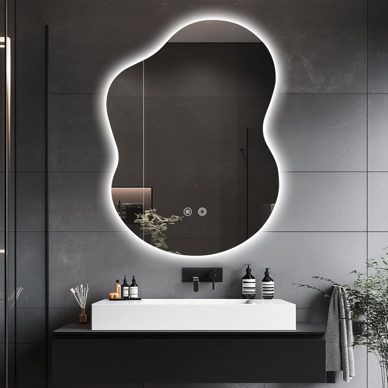 Photo 1 of 30"x22" Irregular LED Bathroom Mirror with Front & Backlight, Anti-Fog, Dimmable, 3 Color Modes, Wall-Mounted [Horizontal/Vertical]
