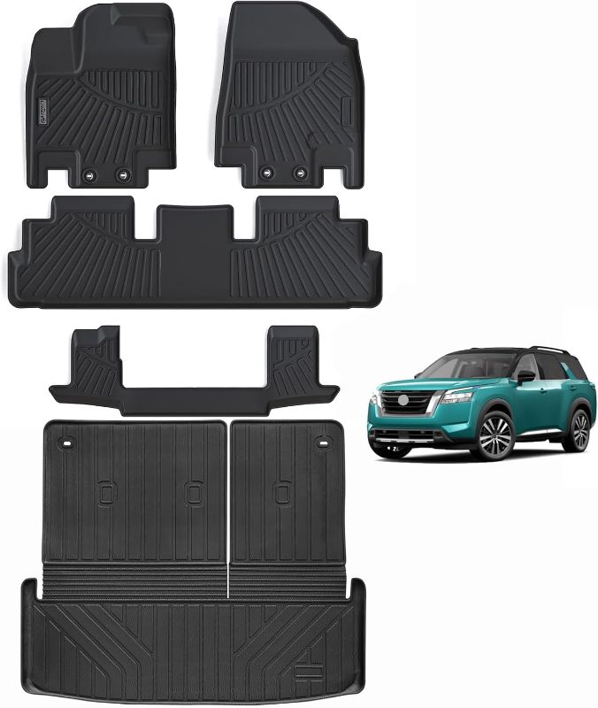 Photo 1 of Floor Mats & Trunk Mat & Backrest Mat for 2022-2024 2025 Nissan Pathfinder (Only fit 7 Passenger Models),TPE All Weather Protection Car Floor Liners with Cargo Liner Backrest Accessory
