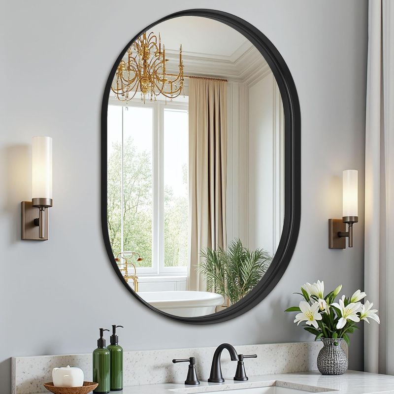 Photo 1 of Oval Bathroom Mirror, 24x36 Inch Black Oval Wall Mirror with Metal Deep Frame, Mirrors for Wall Decor, Vanity, Entryway, Living Room, Horizontally/Vertically
