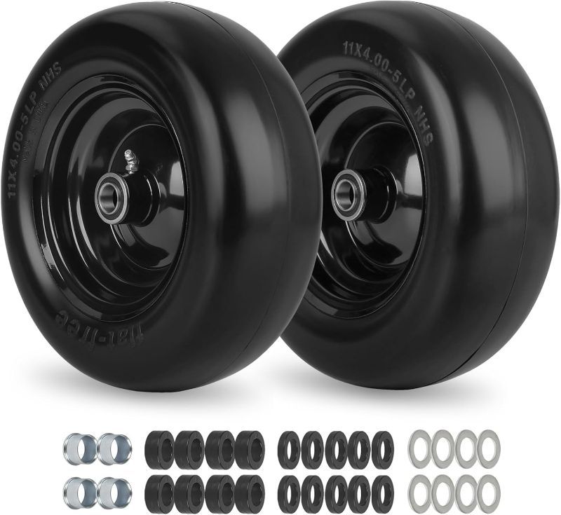 Photo 1 of 11x4.00-5” Flat Free Lawn Mower Tire and Wheel with Bearing Bore 3/4" or 5/8", 3.4"-4"-4.5"-5" Centered Hub, Smooth Tread Tire for Zero Turn Mowers, 2 Pack
