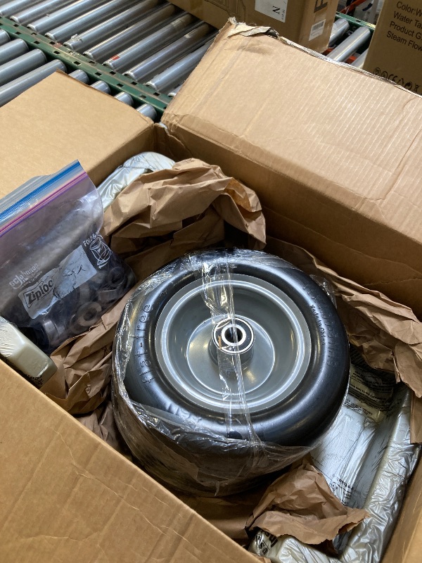 Photo 1 of 11x4.00-5” Flat Free Lawn Mower Tire and Wheel with Bearing Bore 3/4" or 5/8", 3.4"-4"-4.5"-5" Centered Hub, Smooth Tread Tire for Zero Turn Mowers, 2 Pack
