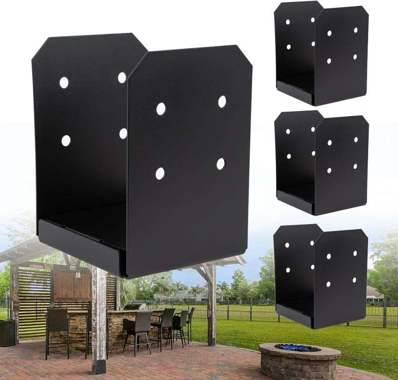 Photo 1 of 8x8 Post Base Brackets 4-Pack (7.5x7.5in Actual) - Heavy Duty Deck Post Anchor for Pergola, Gazebo, Playset - Black Powder Coated Steel with Standoff
