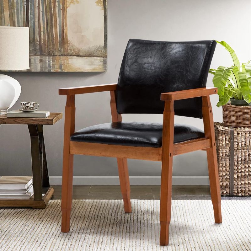 Photo 1 of NOBPEINT Mid-Century Dining Side Chair with Faux Leather Seat in Black, Arm Chair in Walnut