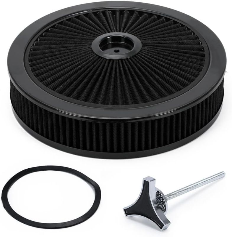 Photo 1 of 14"x3" Round High Flow Washable Air Cleaner Filter Assembly w/Flow-Thru Lid for Caburetor Compatible with Ford/GMC/Chevy SBC BBC Black
