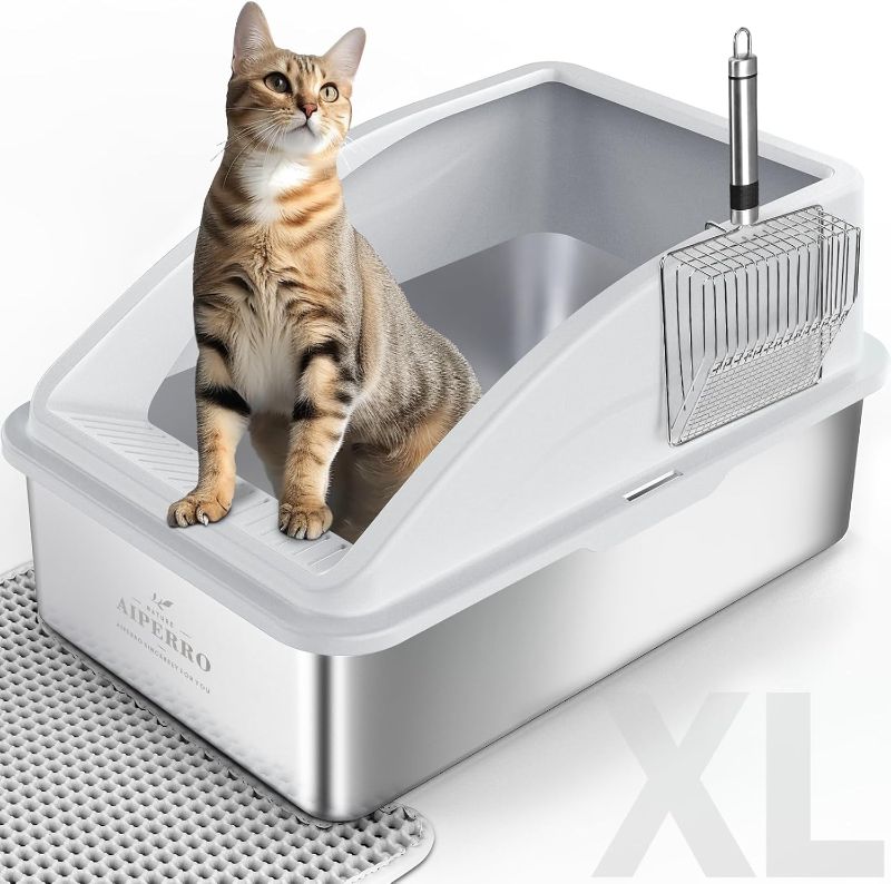 Photo 1 of Stainless Steel Litter Box | XL Enclosed Cat Litter Boxs with Lid for Big Cats | High Sided, Anti-Urine Leakage | Non-Stick Bottom & Includes Litter Mat & Metal Scoop
