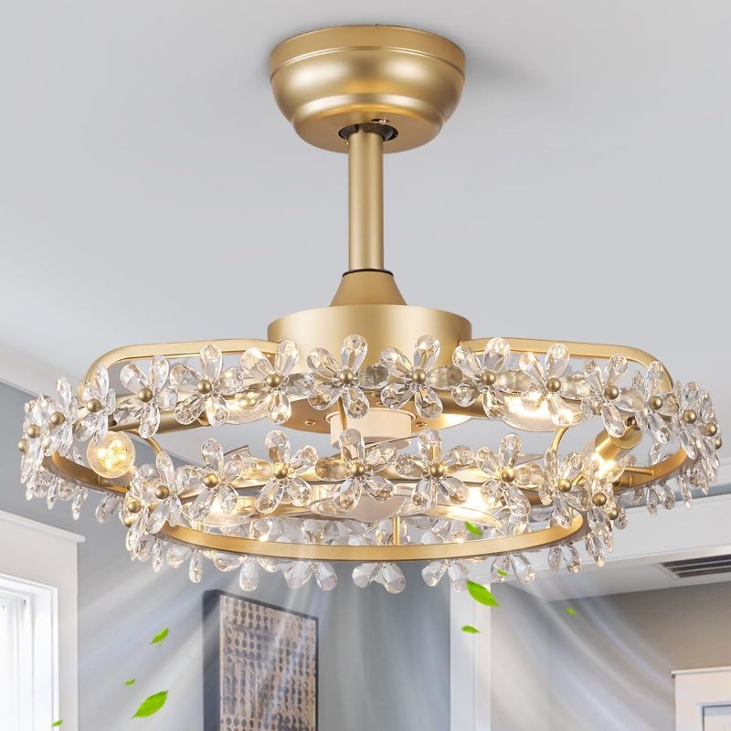 Photo 1 of 20 Inch Fandelier Caged Ceiling Fan with Light, Chandelier Bladeless Ceiling Fans with Lights and Remote, Modern Small Ceiling Fan with Light for Living Room, Bedroom, Flower Gold
