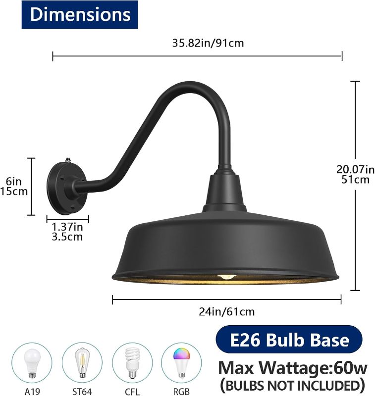 Photo 1 of 24" Large Outdoor Gooseneck Barn Light Dusk to Dawn, Extended Arm Classic Farmhouse Wall Mount Exterior Light Fixture for Garage, Shop, Porch Light
