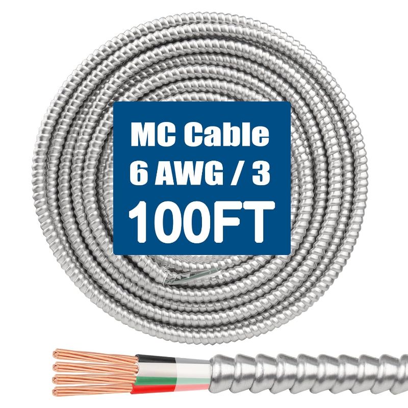 Photo 1 of 6/3 MC Cable with Ground - 100FT Pure Copper 6AWG/3 Metal Clad Wire with Aluminum Armor 6 Gauge 3 Conductor Type MC Alum Cable
