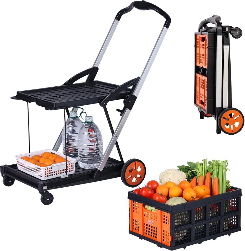 Photo 1 of VEVOR Versatile 2-Tier Rolling Cart, 198 lbs Load Folding Cart with Wheels, Compact Storage Trolley with Crate, Dual-Purpose Dolly for Groceries/Luggage/Office Relocation
