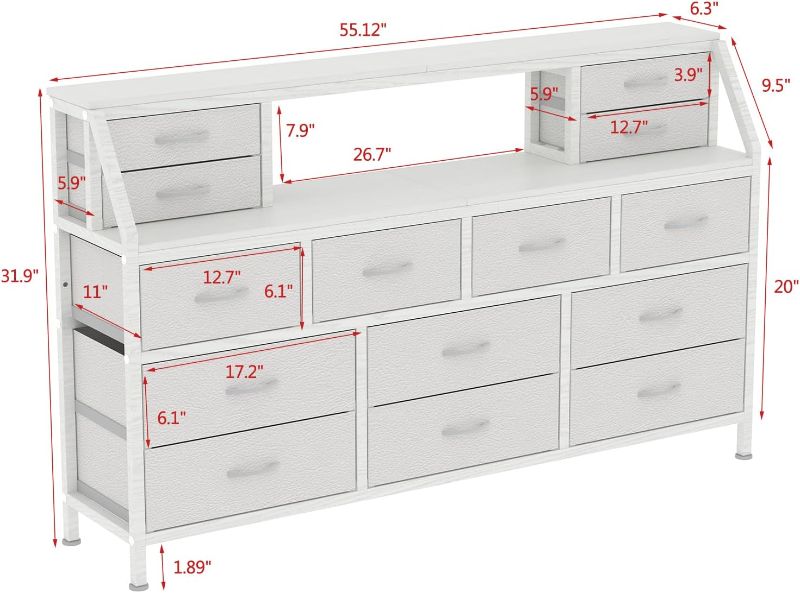 Photo 1 of Dresser for Bedroom, 55" TV Stand with 14 Drawers, Long Dresser & Chests of Drawers with Shelves & Sturdy Metal Frame & Wood Top (White)
