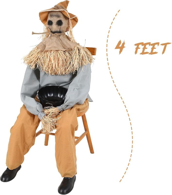 Photo 1 of Halloween Decorations- 4Ft Scary Sitting Scarecrow with Spooky Sound Glowing Eyes, Animatronic Scary Props Decor for Home Party Indoor Porch Yard Decoration
