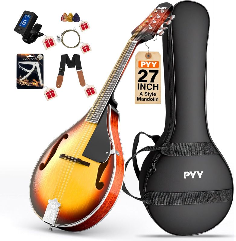 Photo 1 of PYY Mandolin Instrument - A Style 8-Strings Mandolin Musical Instrument 27 Inch Mandolins for Adults, Beginners Starter Kit with Gig Bag, Spare Strings, Digital Tuner, Capo, 3 Picks, Strap
