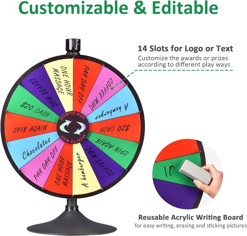 Photo 1 of WinSpin 24 Inch Heavy Duty Prize Wheel Dual Use Adjustable Tabletop and Floor Stand Fortune Wheel with Dry Erase Marker & Eraser 14 Slots Spinning Wheel for Carnival Spinner Game and Tradeshow
