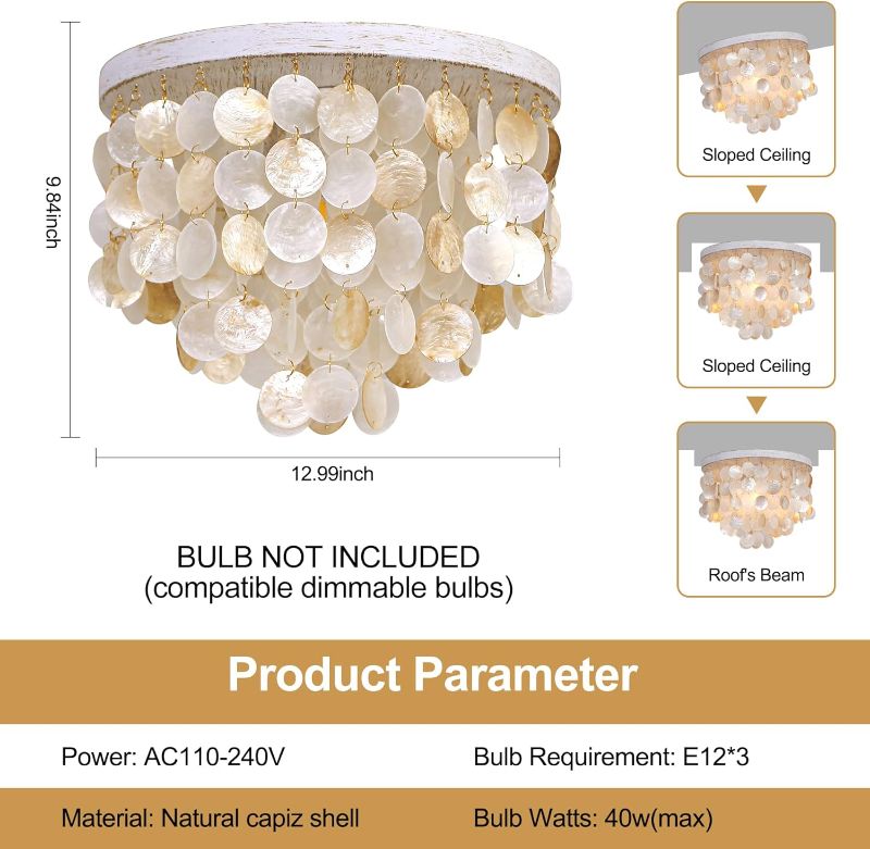 Photo 1 of Capiz Shell Chandelier Ceiling Light, 3 Light Flush Mount Light for Bedroom, Hallway, Entryway,Bathroom?Nursey?Girls‘ Room?Vintage White with Gold Shells
