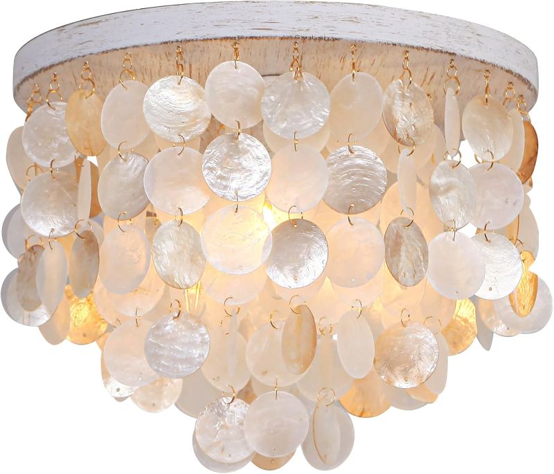 Photo 1 of Capiz Shell Chandelier Ceiling Light, 3 Light Flush Mount Light for Bedroom, Hallway, Entryway,Bathroom?Nursey?Girls‘ Room?Vintage White with Gold Shells
