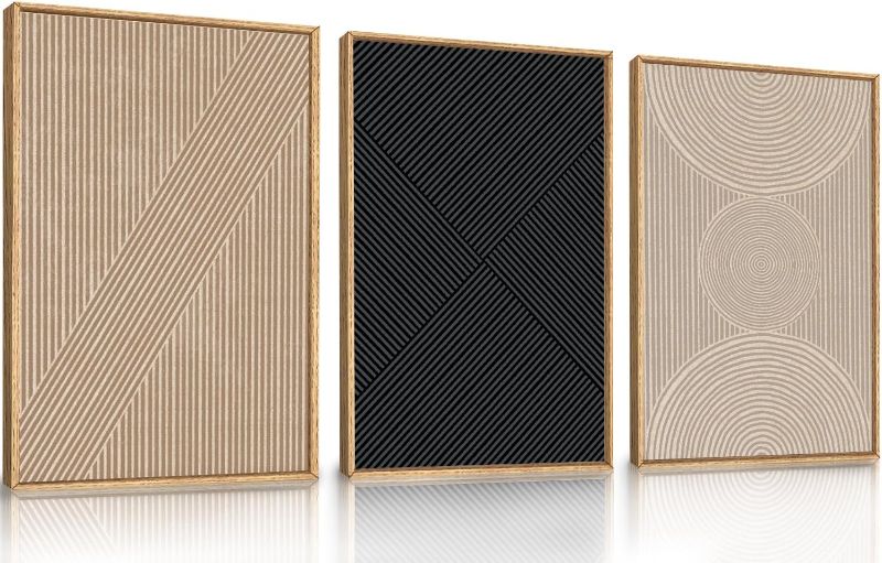 Photo 1 of Ausril 3 Pcs Neutral Abstract Framed Wall Art, Mid Century Modern Canvas Wall Decor, Boho Geometric Line Wall Painting, Beige Minimalist Textured Art Print for Living Room Bedroom Office - 24x36inch
