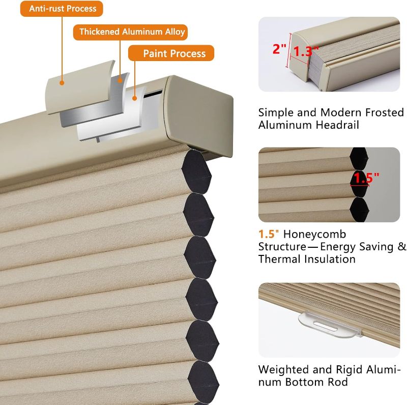 Photo 1 of Persilux Custom Blackout Cellular Shades, Cordless Window Blinds, Honeycomb Blinds for Windows (Beige, 35" W x 48" H) Window Shades for Home, Room Darkening Cellular Blinds & Shades for Bedroom
