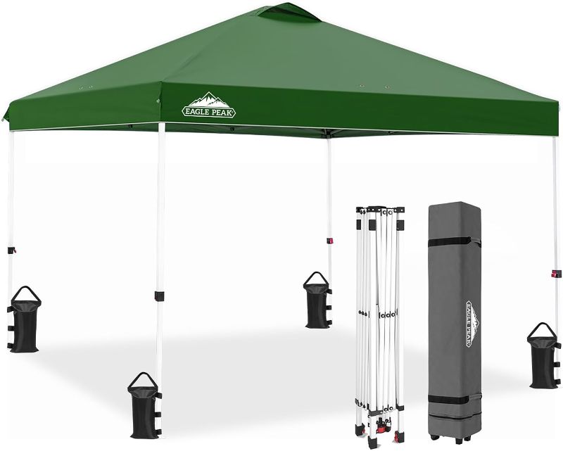 Photo 1 of EAGLE PEAK Pop Up Canopy Tent with Wheeled Carry Bag, 8 Stakes, 4 Ropes, 4 Weight Bags, Easy Set Up Tent Canopy, 10x10 ft, 100sqft of Shade, Green
