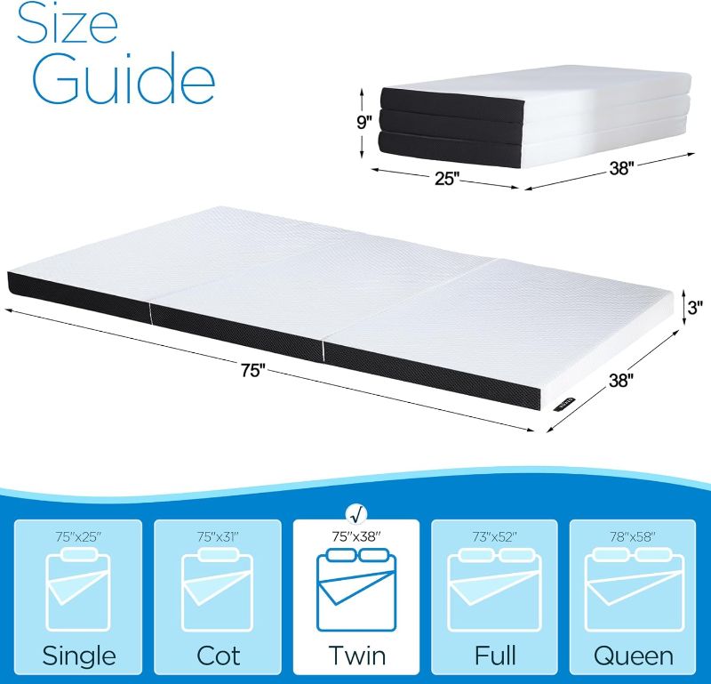 Photo 1 of Folding Mattress,3 inch Twin Tri-Folding Memory Foam Mattress, Portable Trifold with Washable Cover, Non-Slip Bottom for Camping & Guest Beds, 75"x38"x3"
