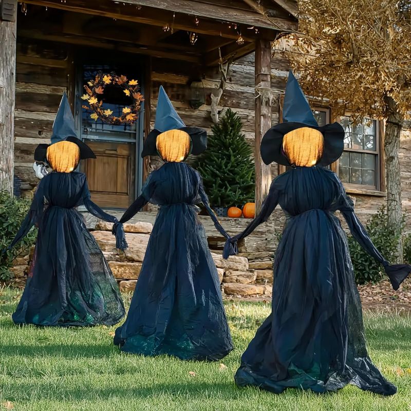 Photo 1 of TW SHINE Halloween Witch Decorations Outdoor, 5 FT Set of 3 Holding Hands Witches Stakes with Glowing Face, Lighted Halloween Decor for Party Yard Lawn Porch Garden Haunted House Props
