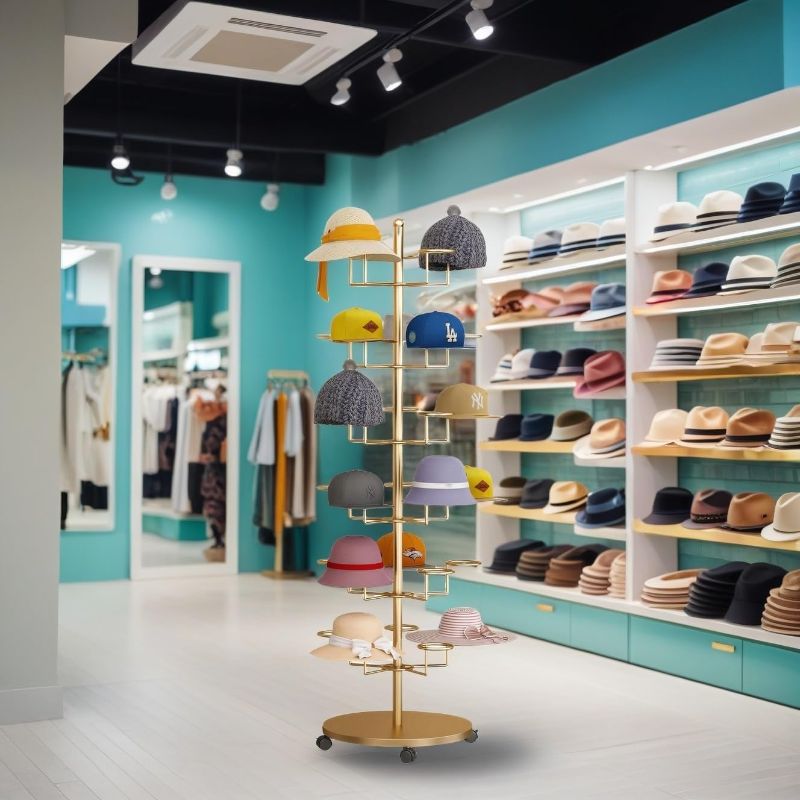 Photo 1 of Hat Rack Stand 30-Hooks, Hat Display Stand Metal,Hat Display for Stores? Home or Store of Standing hat Rack(Gold,6th Floor)
