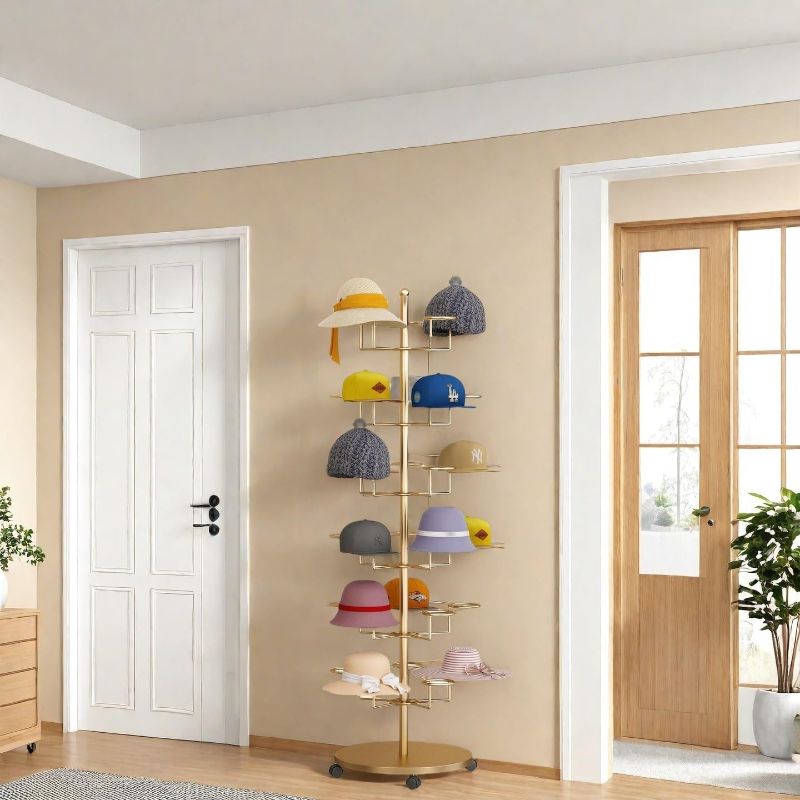 Photo 1 of Hat Rack Stand 30-Hooks, Hat Display Stand Metal,Hat Display for Stores? Home or Store of Standing hat Rack(Gold,6th Floor)
