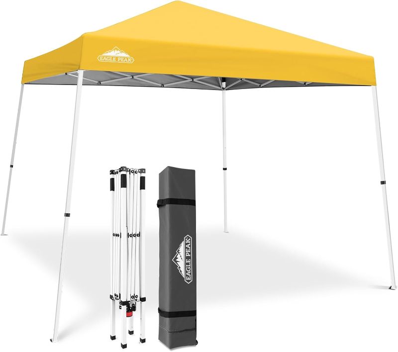 Photo 1 of EAGLE PEAK 10x10 Slant Leg Pop-up Canopy Tent Easy One Person Setup Instant Outdoor Beach Canopy Folding Portable Sports Shelter 10x10 Base 8x8 Top (Yellow)
