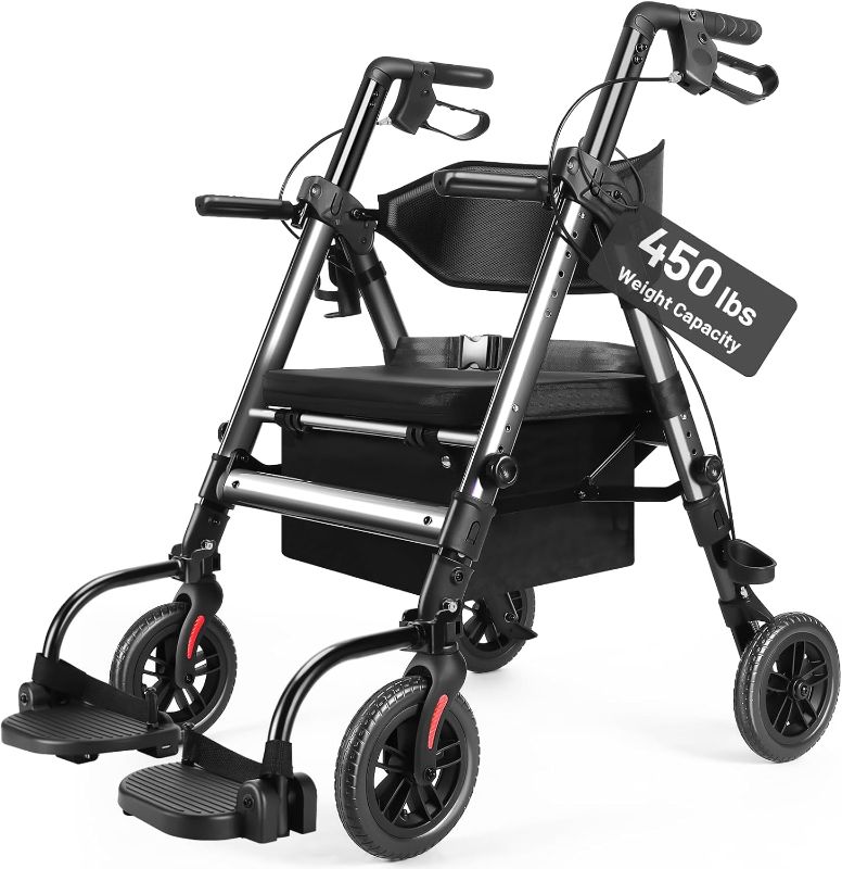 Photo 1 of Heavy Duty Rollator Walker for Seniors with Seat, Foldable 2 in 1 Rolling Walkers Wheelchair Combo for Adult, All Terrain Wheels, Adjustable Transport Chair with Brake, 450 lb. Weight Capacity, Grey
