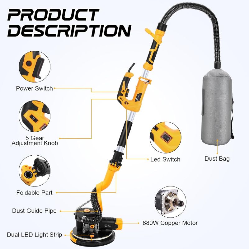 Photo 1 of Drywall Sander, 880W 7.3-Amp Popcorn Ceiling Removal Tool with 1100-2100RPM 5 Variable Speed 12pcs Sanding Discs Electric Drywall Sander with Vacuum Dust Collector LED Light for Ceiling Sanding

