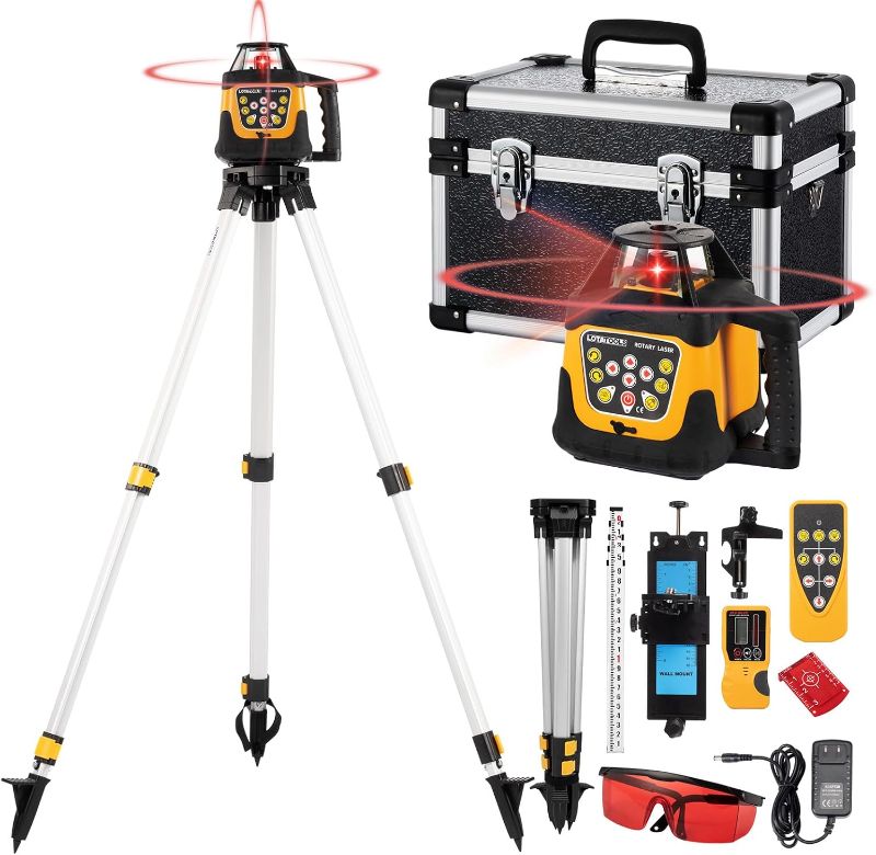 Photo 1 of Self-Leveling 0.11"/100' Rotary Laser, 2000' Rotary Laser Level Kit, IP66 with Aluminum Tripod, Grade Rod for Grading
