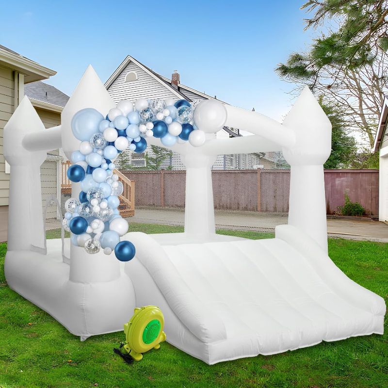 Photo 1 of AKSPORT Inflatable Bounce House,White Castle Bounce House for Kids 3-6 Indoor & Outdoor Inflatable Bouncer House with Slide & Air Blower & Balloons for Kids Birthday Party,Wedding Party
