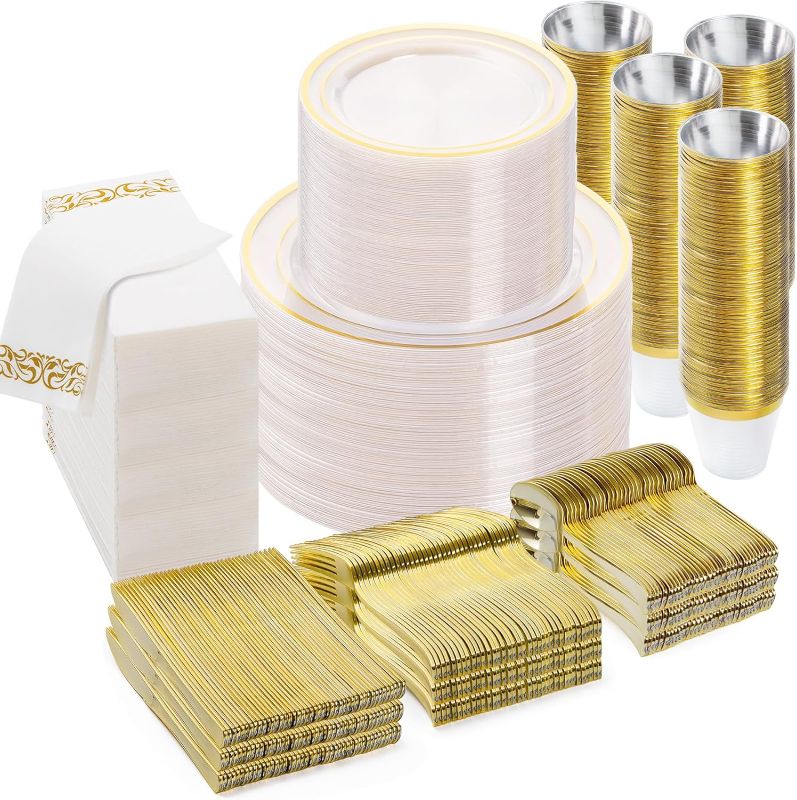 Photo 1 of 700PCS Clear Gold Disposable Dinnerware Set for 100 Guests, Plastic Plates for Party, Wedding, Christmas, Halloween, Include: 200 Plastic Plates, 100 Gold Silverware, 100 Cups, 100 Napkins
